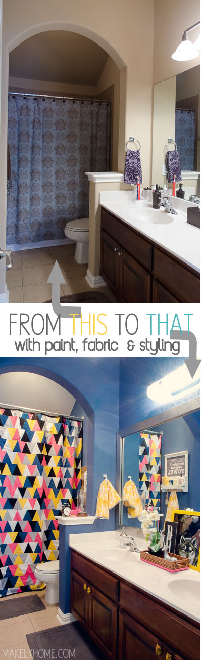 Amazing small kids' bathroom transformation with no renovations - just paint, fabric and fun styling!  Via MakelyHome.com