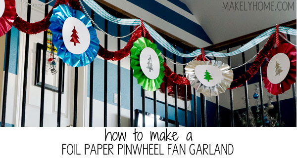 how to make a foil paper pinwheel garland via MakelyHome.com