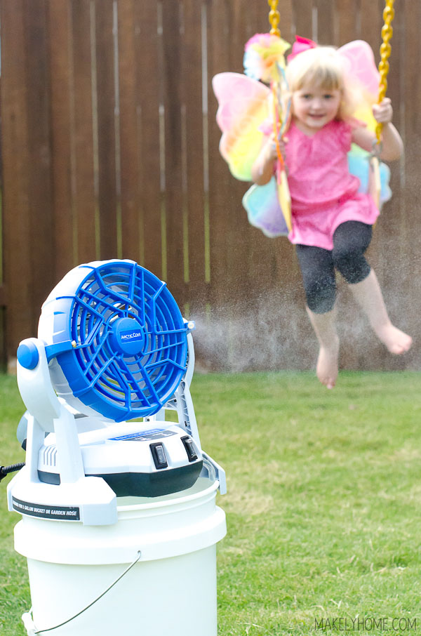 Battery operated misting fan from Arctic Cove - You can use it on a 5 gallon bucket or with a water hose.  So perfect for those hot summer days!