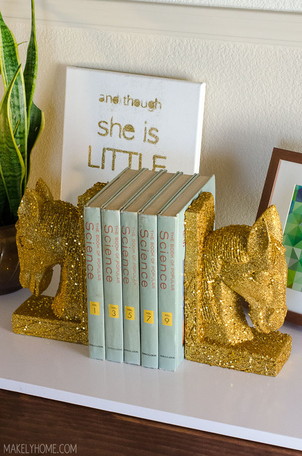 Thrift store horse bookends upstyled with gold glitter.